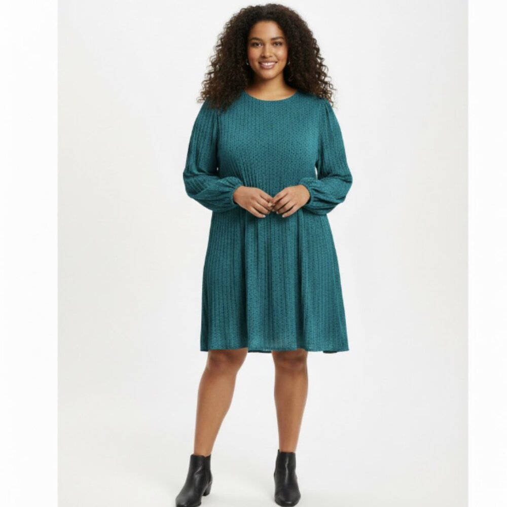 New Ophelia Rose Blue Polka Dot Pleated Midi Dress size 2X Stretch Puff Sleeve